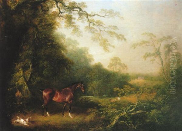 A Chestnut Stallion And A Spaniel In A Landscape, With A Country House Beyond Oil Painting by Charles Henry Schwanfelder