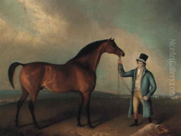 Orville Held By The Groom, Smallman, In A Landscape Oil Painting by Charles Henry Schwanfelder