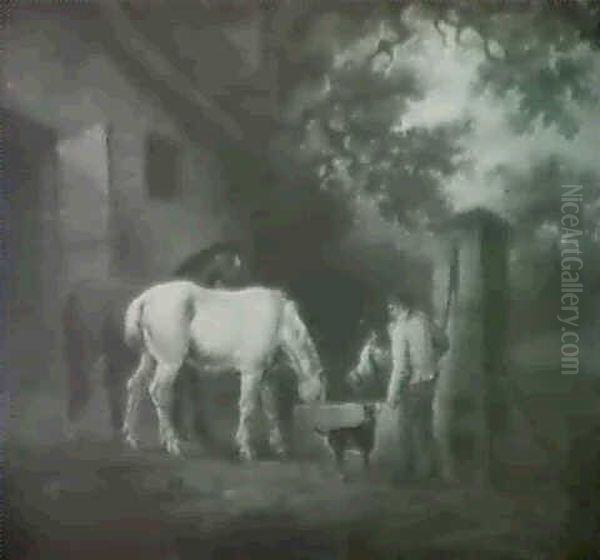 Farm Labourers And Two Horses At A Well Oil Painting by Charles Henry Schwanfelder