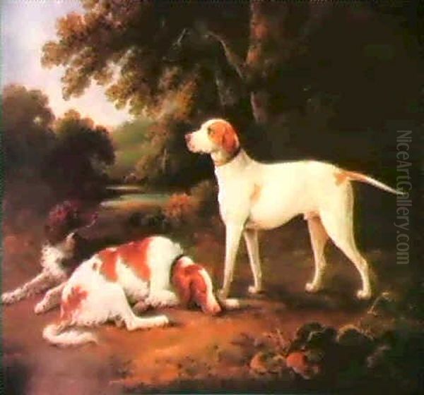 A Pointer And Two Spaniels In A Park Oil Painting by Charles Henry Schwanfelder