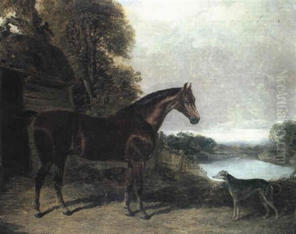 A Dappled Grey Hunter In A Wooded Landscape Oil Painting by Charles Henry Schwanfelder