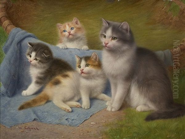 Katzenmutter Mit Ihren Drei Jungen Oil Painting by Wilhelm Schwar