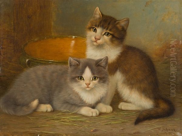 Zwei Katzchen Vor Irdener Schussel Oil Painting by Wilhelm Schwar