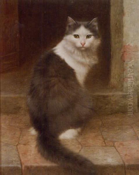 On The Stoop, Gray And White Cat Oil Painting by Wilhelm Schwar