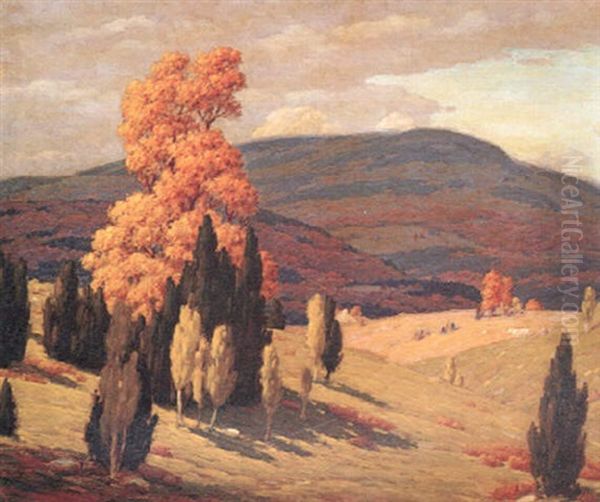 Landscape With Trees, Figure And Cow Oil Painting by Andrew Thomas Schwartz