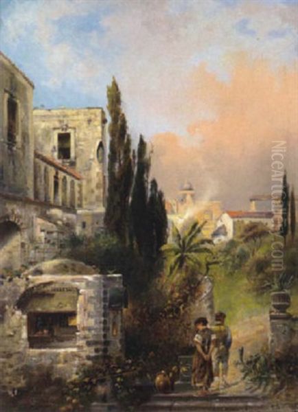 Blick Auf Eine Sudliche Stadt Mit Figurlicher Staffage Oil Painting by Charles Auguste Schwartz