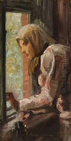 A Young Girl Looking Out The Window Oil Painting by Frans Schwartz