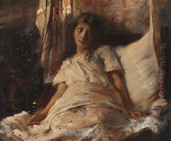 A Crying Girl In Bed Oil Painting by Frans Schwartz