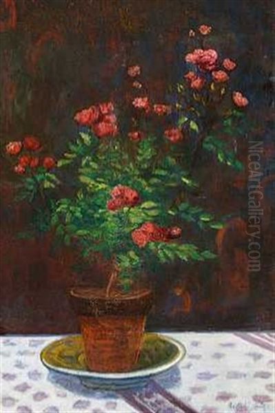 A Still Life With Parisian Roses In A Flowerpot Oil Painting by Raphael Schwartz