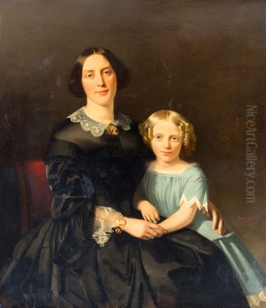 Portret Van Margaretha Fuchs (paramaribo 21 Juli 1819 - Bonn A/r. 26 Aug. 1899) Met Haar Dochter Sabina (amsterdam 29 April 1849 - Bonn 15 Sept. 1924) Oil Painting by Johann George Schwartze