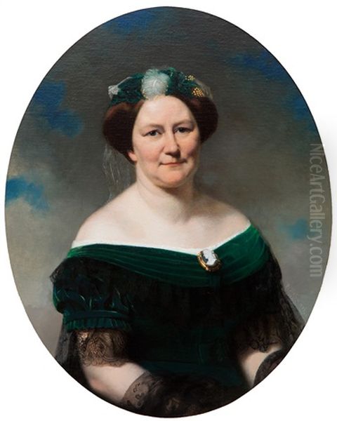 Portrait Of A Lady In A Green Gown With Cameo Brooch Oil Painting by Therese Schwartze