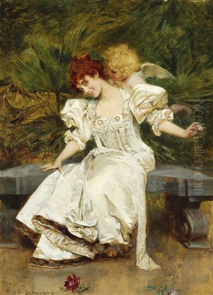 A Cupid And A Young Girl In An Evening Dress by Alfred Schwarz