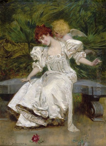 Elegante Dame Auf Einer Bank Im Palmenhaus Der Pfaueninsel, Von Einem Amorknaben Geneckt by Alfred Schwarz