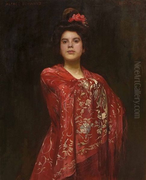 Dame In Rotem Kimono by Alfred Schwarz