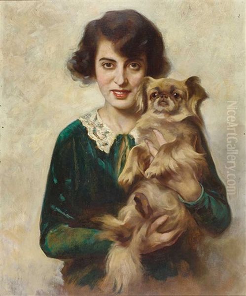 Portrait Der Ersten Frau Des Kunstlers Mit Schoshund Oil Painting by Alfred Schwarz