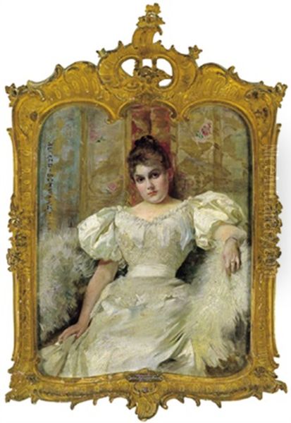 Mondane Dame In Weisem Abendkleid Oil Painting by Alfred Schwarz