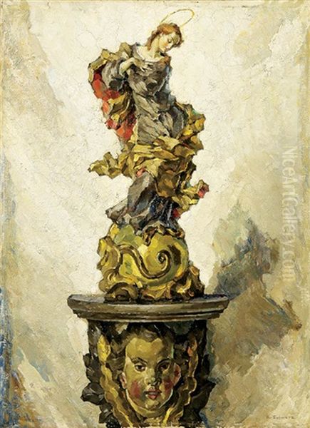 Still Life With Baroque Carving Of The Virgin On Carved Cherub Shelf Oil Painting by Eugen Schwarz