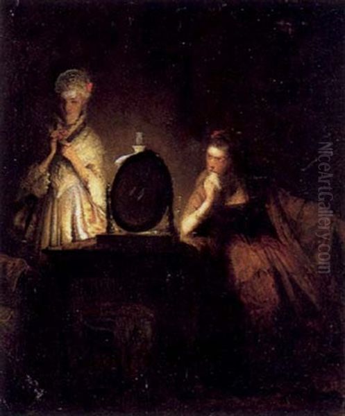 Ung Pige Der Pynter Sig Foran Toiletspejlet, Hendes Veninde Ser Beundrende Pa Oil Painting by Frans (Johan Georg F.) Schwarz