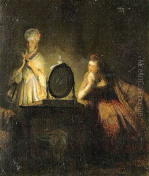 Ung Pige Der Pynter Sig Roan Toiletspejlet, Hendes Veninde Ser Beundrende Pa Oil Painting by Frans (Johan Georg F.) Schwarz