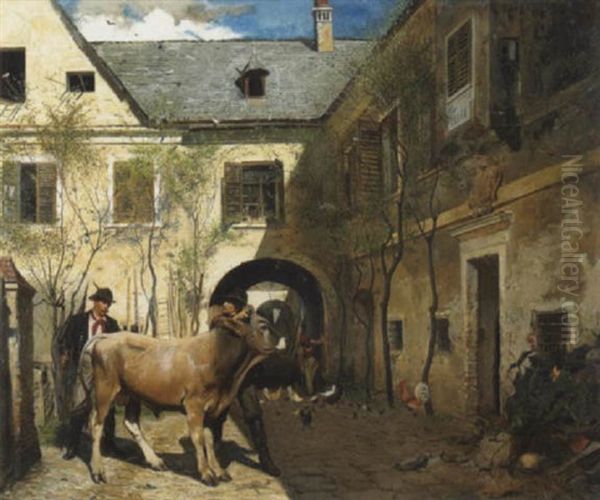 A Farmyard Scene With Two Figures And A Bull Oil Painting by Franz Wenzel Schwarz