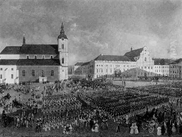 Die Parade Der Bayerischen Truppen In Augsburg (?) Vor Konig Ludwig I Von Bayern Und Zar Nikolaus I. Von Rusland Oil Painting by Gustav Schwarz