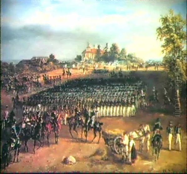 Regimental Manoeuvres At Krasnoe Selo Oil Painting by Gustav Schwarz