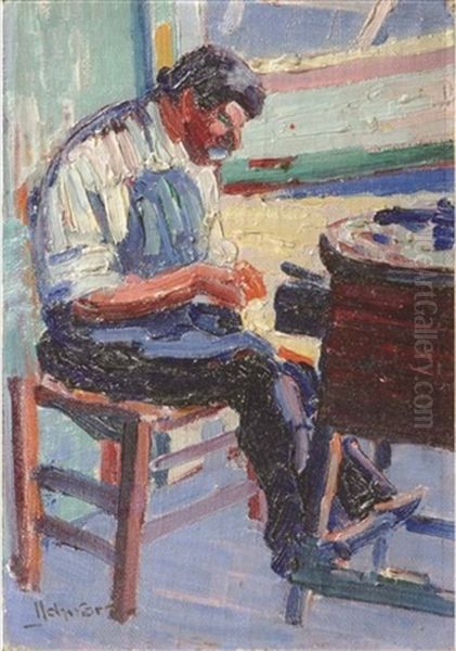 A Seated Craftsman Oil Painting by Mommie Schwarz