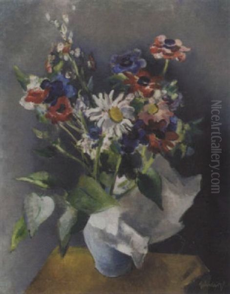 A Still Life With Anemones And A Marguerite In A Blue Vase Oil Painting by Mommie Schwarz