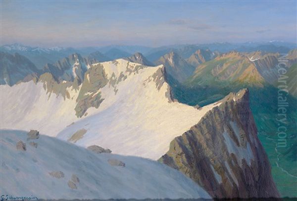 Blick Uber Die Verschneiten Rheintalspitzen Auf Prachtvolles Alpenpanorama Oil Painting by Georg Schwarzmaier