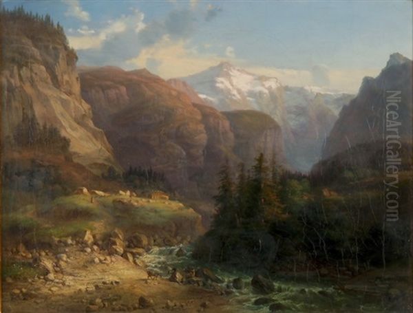 Landschaft Im Berner Oberland Mit Wetter- Und Schwarzhorn Oil Painting by Jakob Schwegler