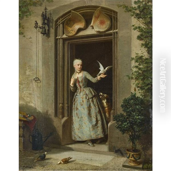 Elegante Dame Mit Weisser Taube Auf Der Hand Oil Painting by Xaver Schwegler