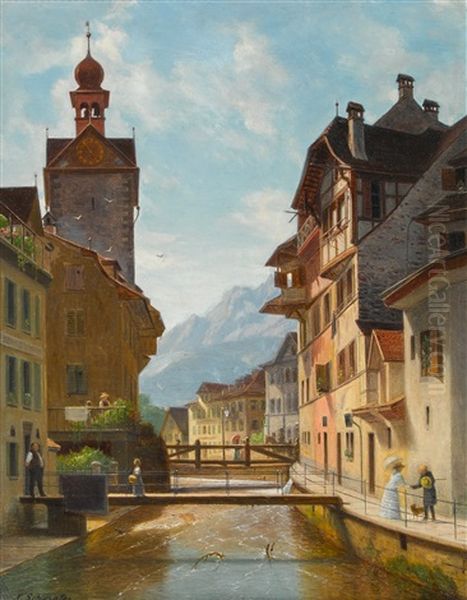 Alt Luzern - Der Krienbach, Bruggligasse Oil Painting by Xaver Schwegler