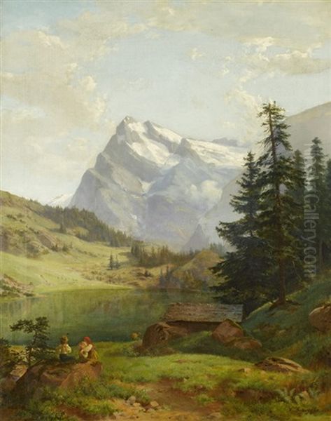 Goldzernsee Im Kanton Uri Mit Pristenstock Oil Painting by Xaver Schwegler