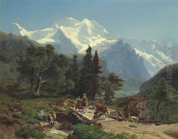 Drovers On A Bridge In An Alpine Landscape Oil Painting by Carl Schweich