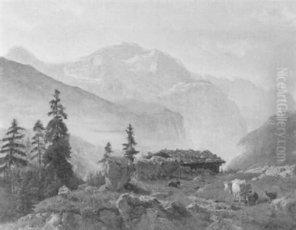 Gebirgsalm, Im Vordergrund Sennerin Beim Melken Oil Painting by Carl Schweich