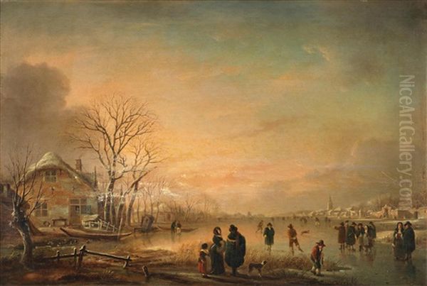 A Winter Landscape With Figures Ice Skating Oil Painting by Heinrich Wilhelm Schweickardt