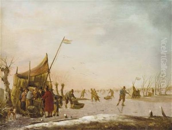 Eisvergnugen - Winterlandschaft Mit Zugefrorenem Gewasser Und Reicher Figurenstaffage Oil Painting by Heinrich Wilhelm Schweickardt