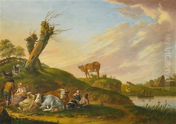 Hirten Mit Ihrem Vieh Unter Kopfweiden Oil Painting by Heinrich Wilhelm Schweickardt