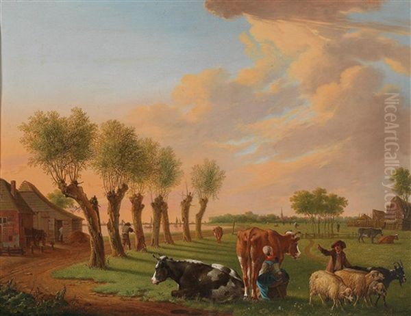 A Dutch Canal Landscape With Shepherds Oil Painting by Heinrich Wilhelm Schweickardt