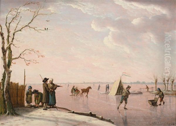 Frozen River Landscape With Figures Skating Oil Painting by Heinrich Wilhelm Schweickardt