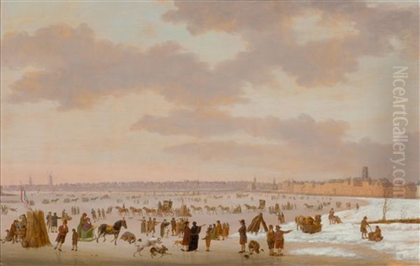 View Of The Maas Before Rotterdam In Winter Oil Painting by Heinrich Wilhelm Schweickardt