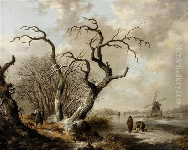 A Winter Landscape With A Man Walking His Dog Beside A Frozen River With Skaters And A Windmill Beyond; And A Winter Landscape With A Skater On A Frozen River Beside A Bridge With A Horse-drawn Sled And Church Beyond (2) Oil Painting by Heinrich Wilhelm Schweickardt