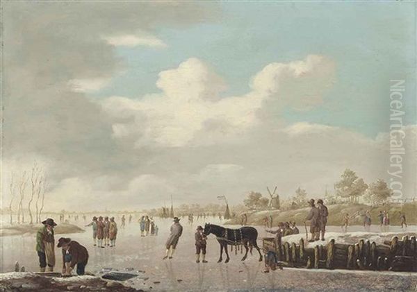 A Winter Landscape With Figures And Skating And Conversing On The Ice, Windmills On The Shore Beyond Oil Painting by Heinrich Wilhelm Schweickardt