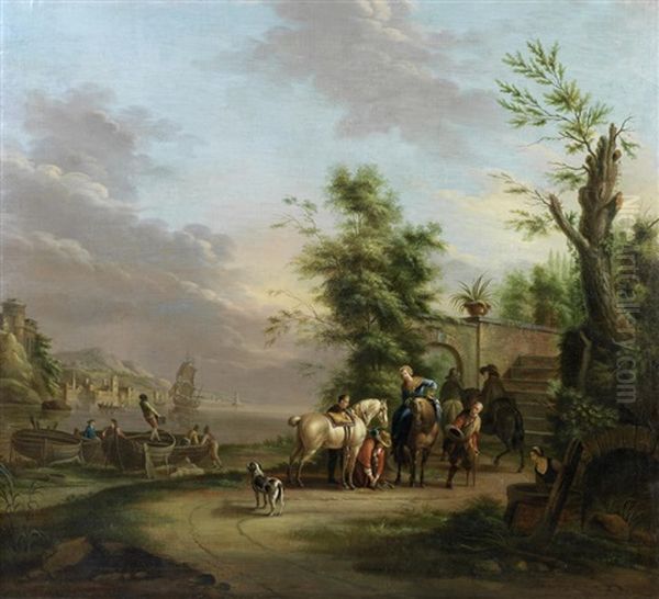 Travellers Halted By A River Bank Unframed Oil Painting by Heinrich Wilhelm Schweickardt