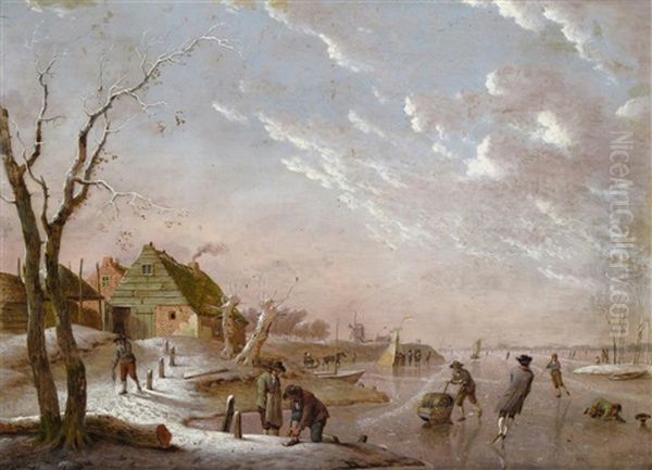 Winter Scene With Skaters On A Lake by Heinrich Wilhelm Schweickardt