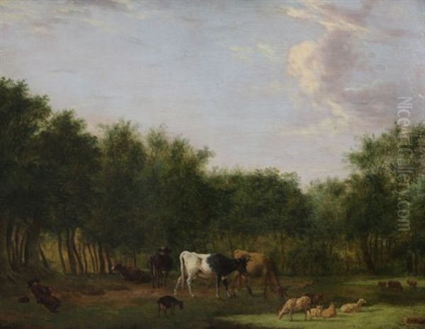 Cattle And Sheep In A Woodland Clearing With A Sleeping Drover Oil Painting by Heinrich Wilhelm Schweickardt