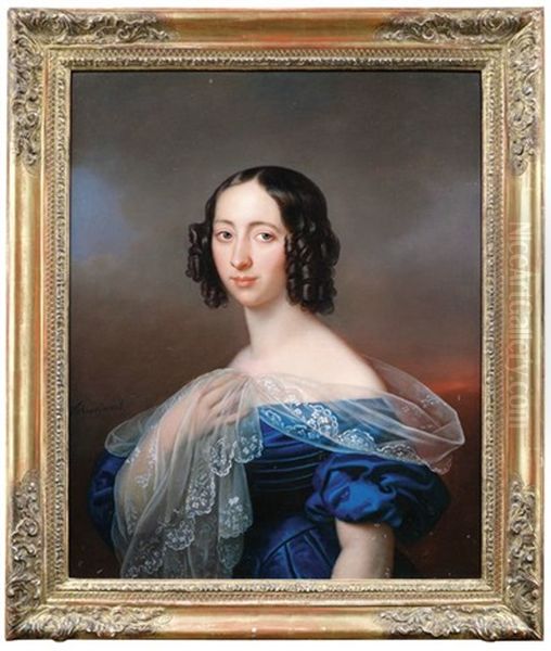 Bildnis Einer Jungen Dame In Blauem Kleid Mit Durchsichtigem Seidenschal In Dreiviertelansicht Nach Links Oil Painting by Karl Gottlieb Schweikart