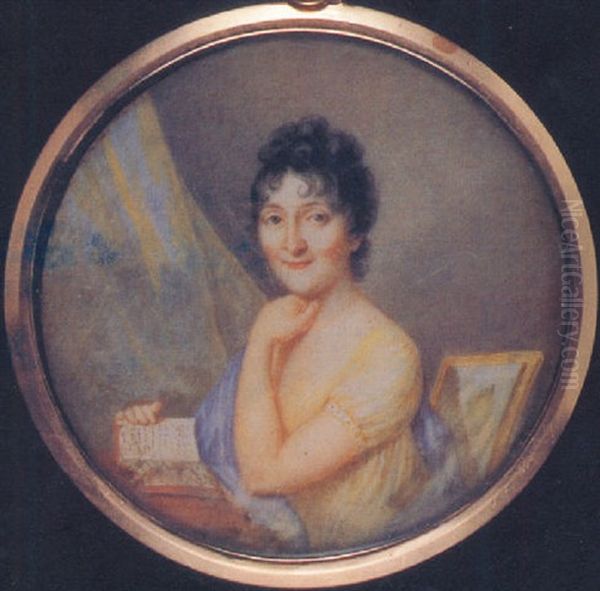 A Lady (frances Gabriella Of Talbot?), Seated At Her Desk, In Yellow Dress, Blue Shawl Over Her Right Shoulder Oil Painting by Karl Gottlieb Schweikart