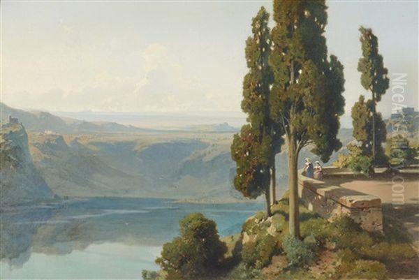 View On Lake Nemi Oil Painting by Ernst Schweinfurth