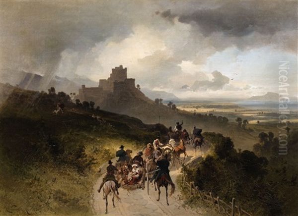 Landscape With A Castle And Wagon Oil Painting by Ernst Schweinfurth